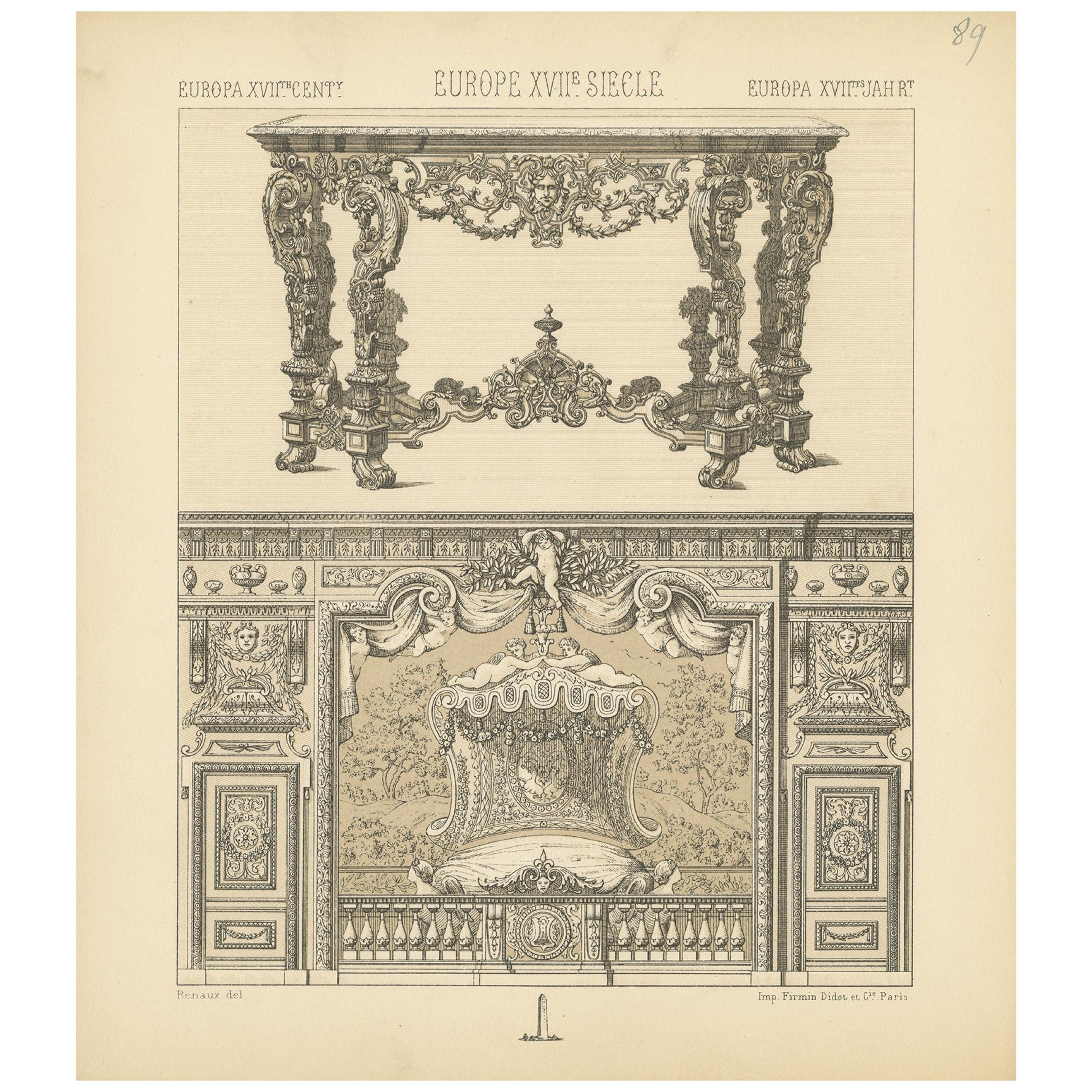 Pl. 89 Antique Print of European 17th Century Furniture by Racinet, circa 1880 For Sale