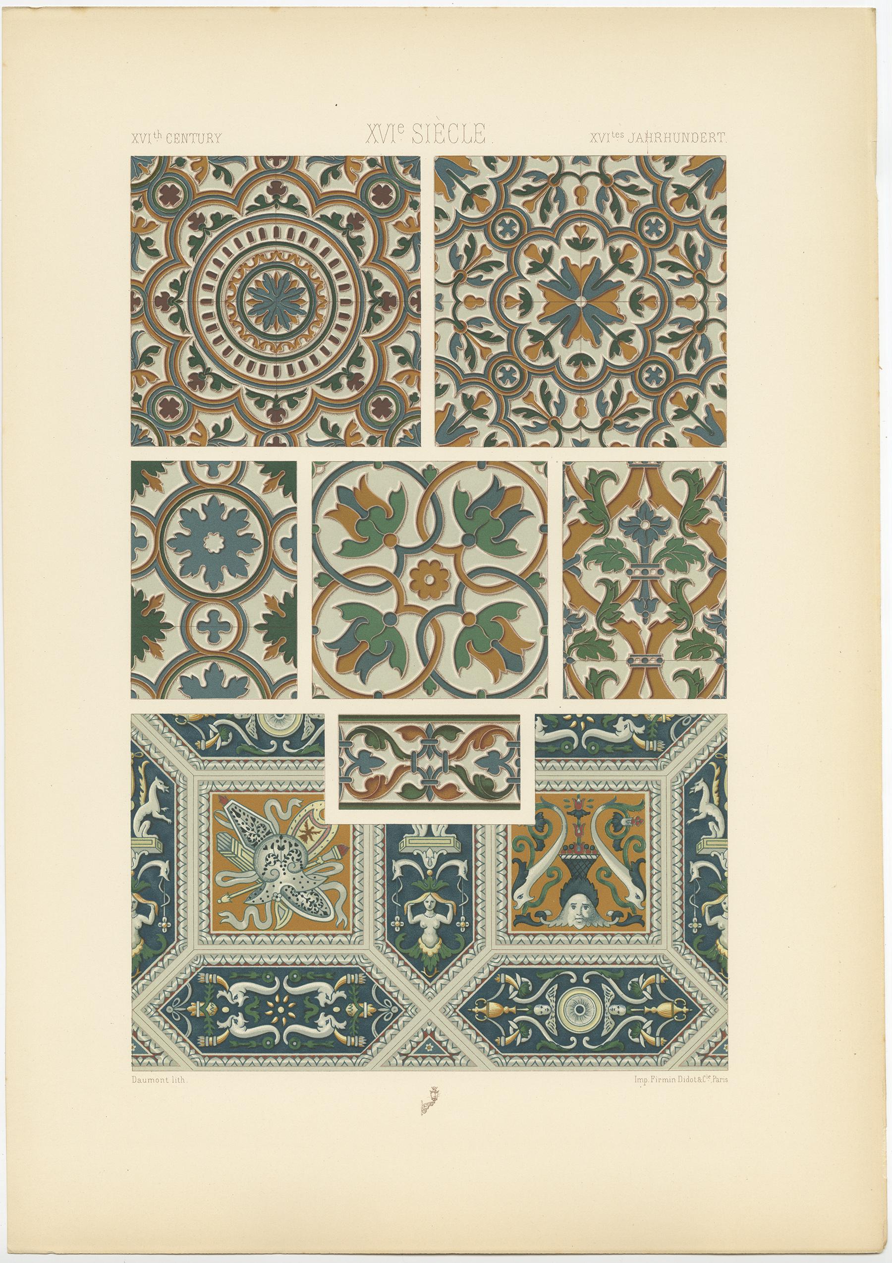 Antique print titled 'Renaissance - Renaissance - Renaissance'. Chromolithograph of glazed paving and wall tiles, Spanish and Italian 16th century ornaments. This print originates from 'l'Ornement Polychrome' by Auguste Racinet. Published circa 1890.