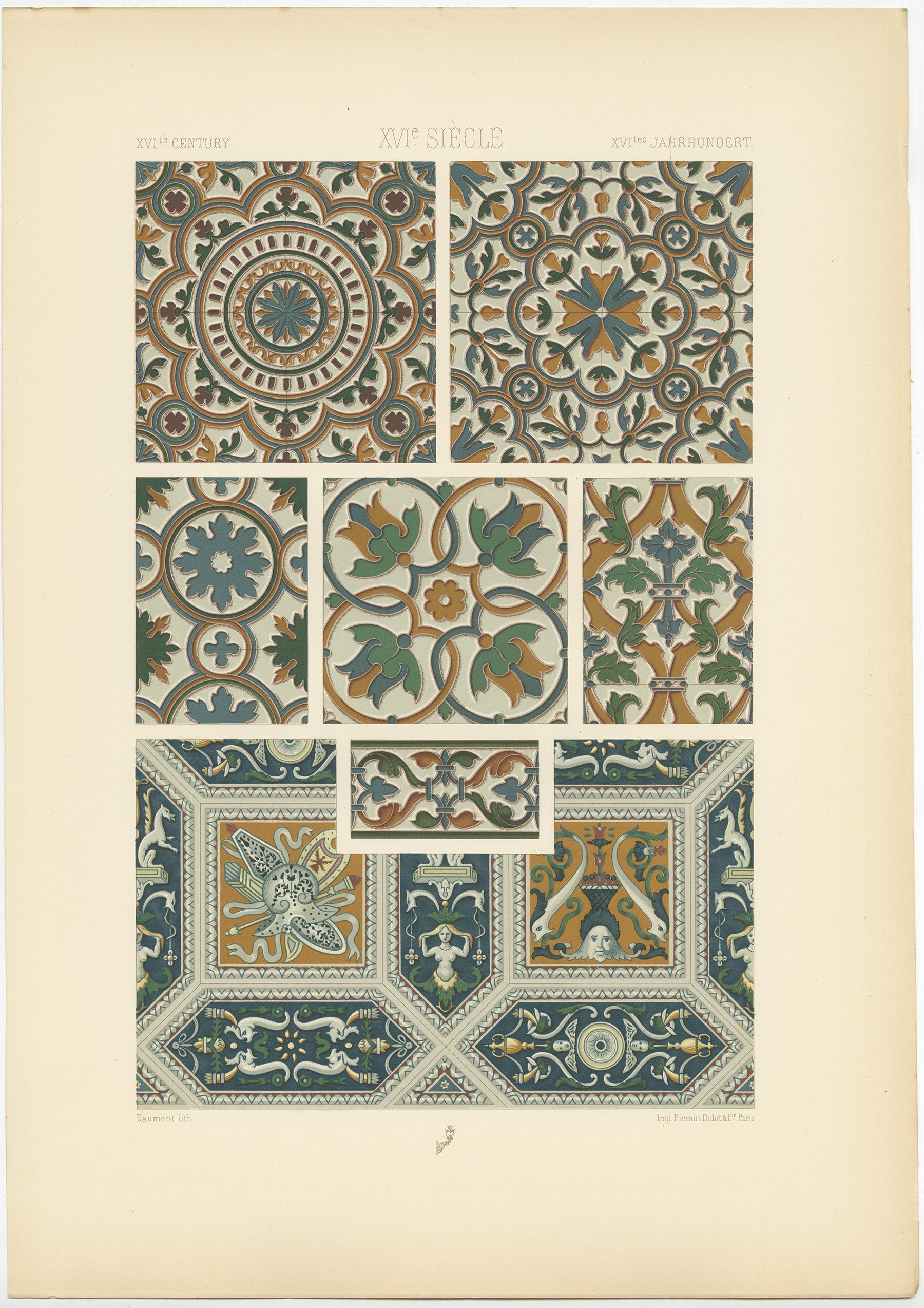 XIXe siècle Impression ancienne Pl. 89 de la Renaissance, peinture et carreaux émaillés de Racinet, vers 1890 en vente