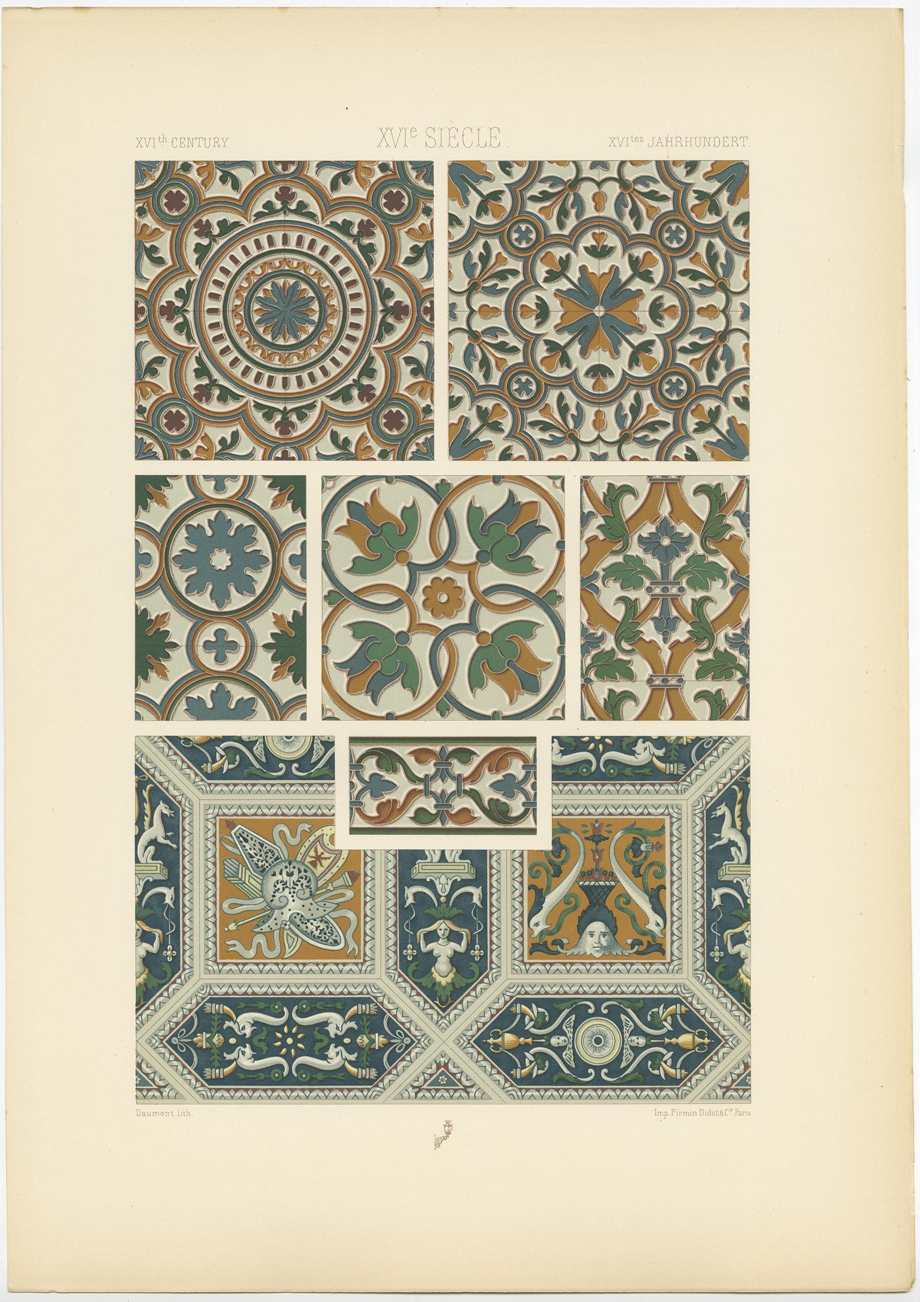 19th Century Pl. 89 Antique Print of Renaissance Glazed Paving & Tiles by Racinet, circa 1890 For Sale