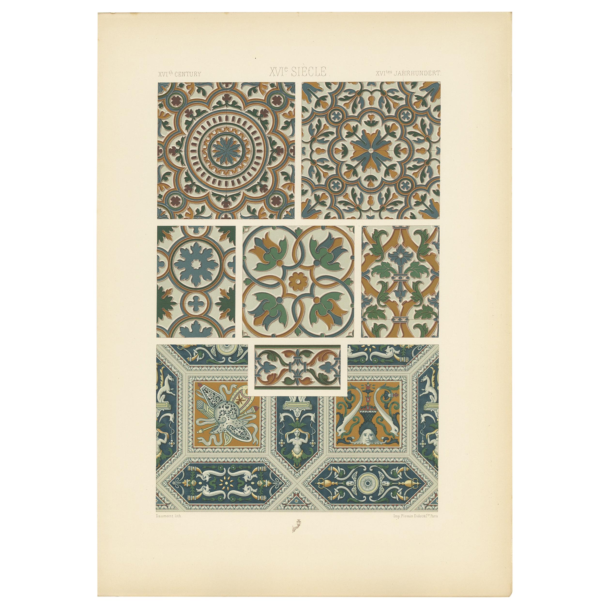 Pl. 89 Antique Print of Renaissance Glazed Paving & Tiles by Racinet, circa 1890 For Sale