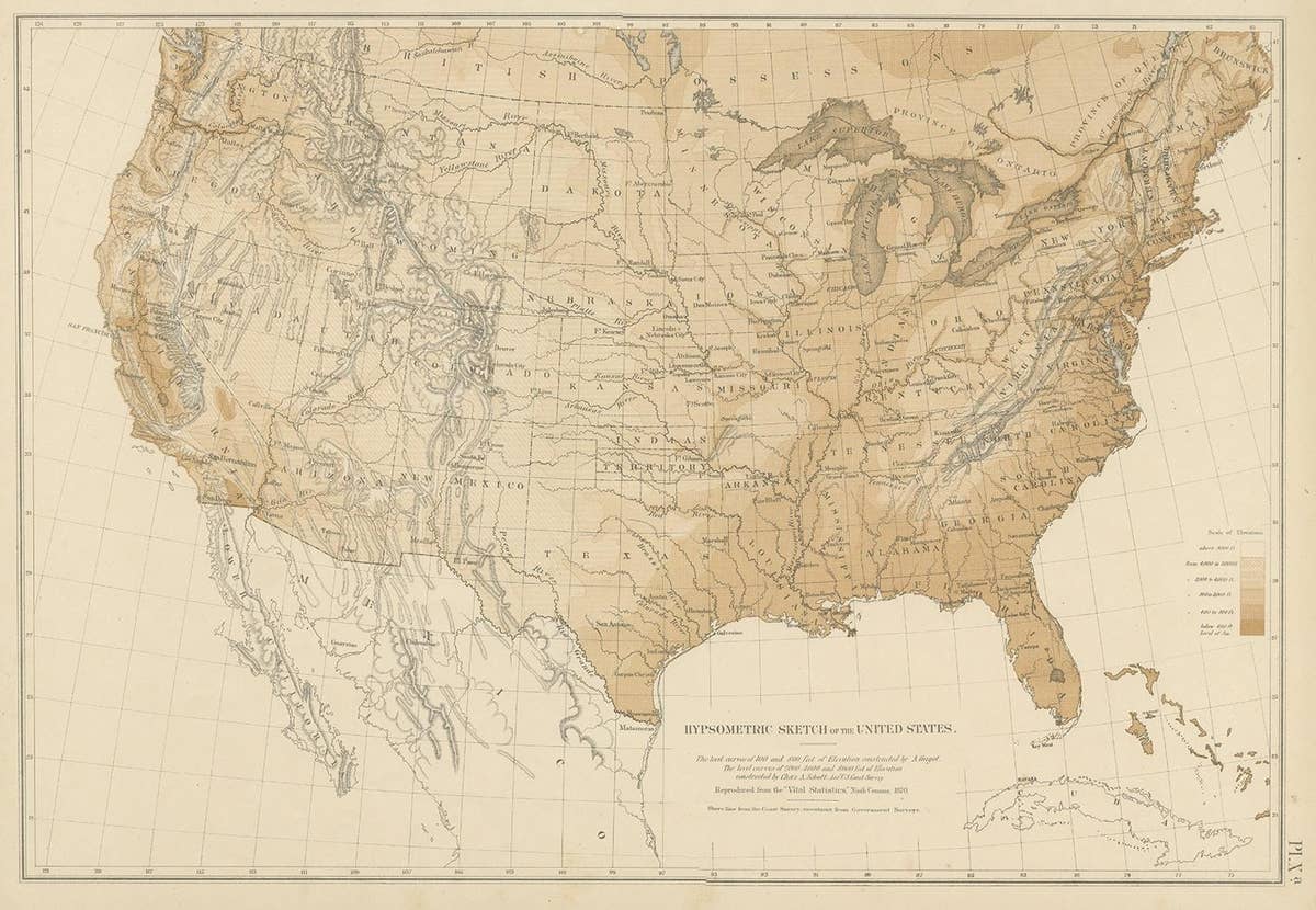 Pl. 9 Antique Hypsometric Sketch of the United States by Walker, 1874