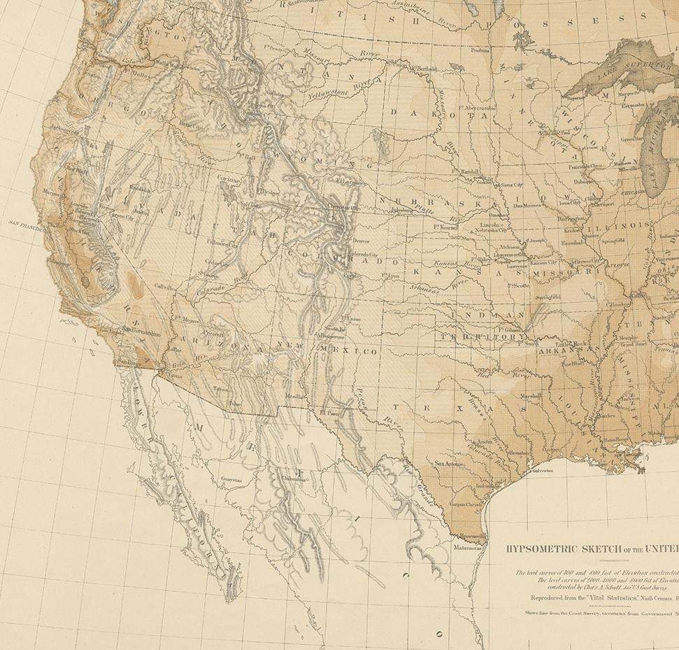Pl. 9 Antique Hypsometric Sketch of the United States by Walker, 1874 In Good Condition For Sale In Langweer, NL