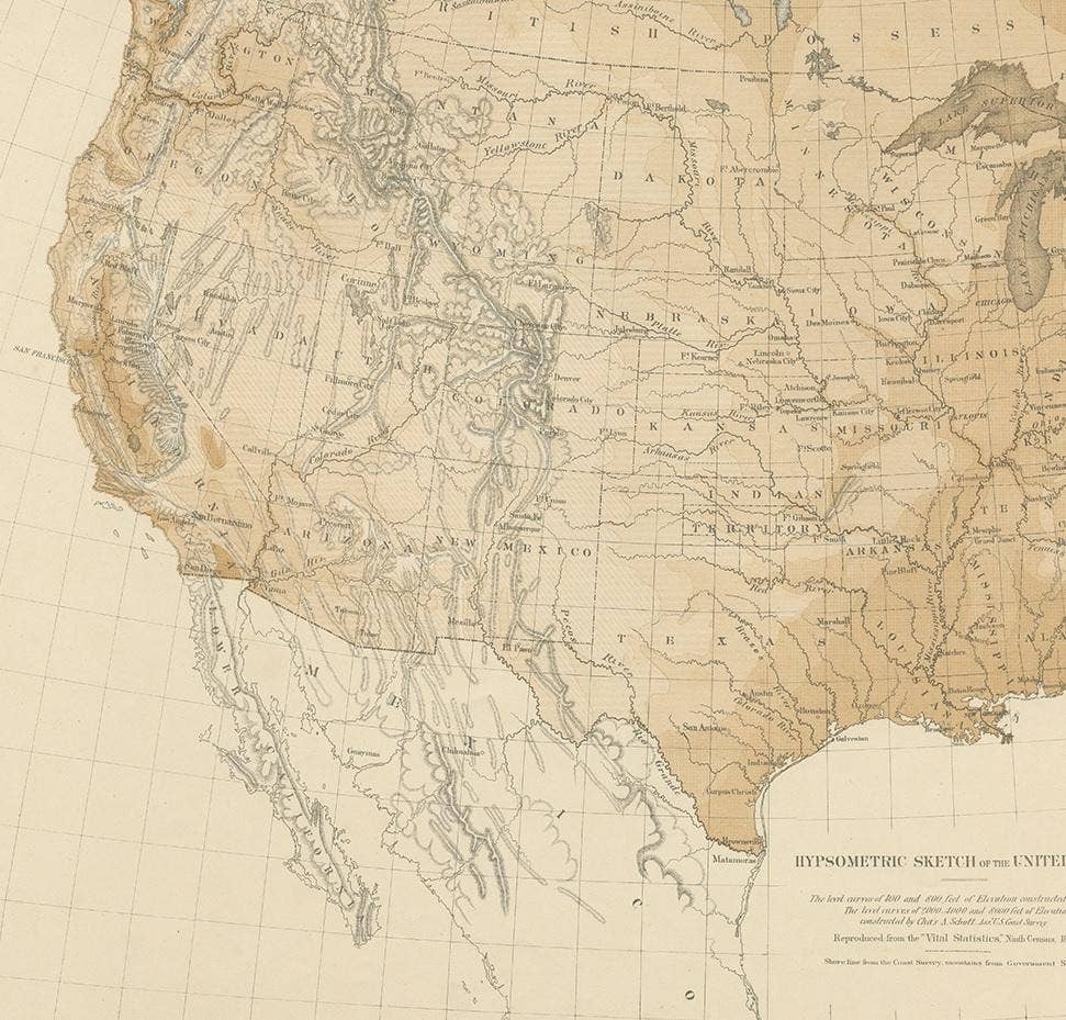 Pl. 9 Antique Hypsometric Sketch of the United States by Walker, 1874