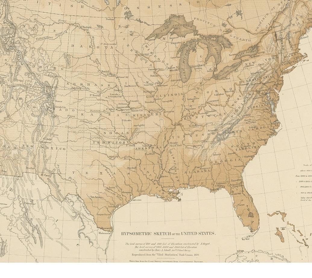 19th Century Pl. 9 Antique Hypsometric Sketch of the United States by Walker, 1874 For Sale