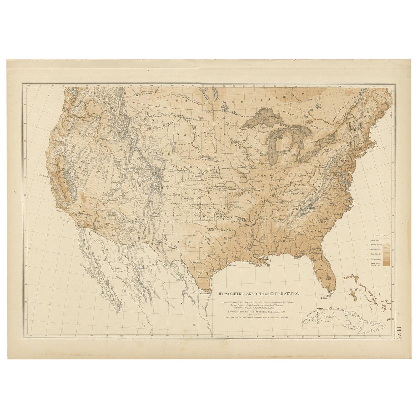 Pl. 9 Antique Hypsometric Sketch of the United States by Walker, 1874 For Sale