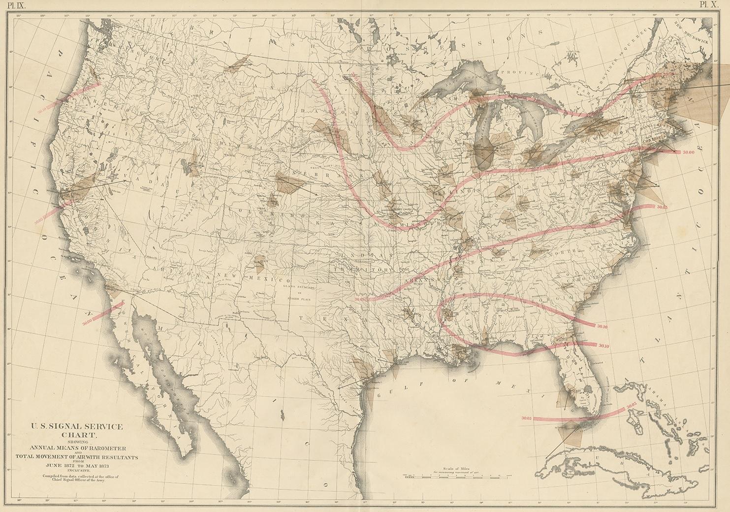 Antique map titled 'U.S. Signal Service chart, showing annual means of barometer and total movement of air with resultants from June 1872 to May 1873 inclusive. Compiled from data collected at the Office of the Chief Signal Officer of the Army'.