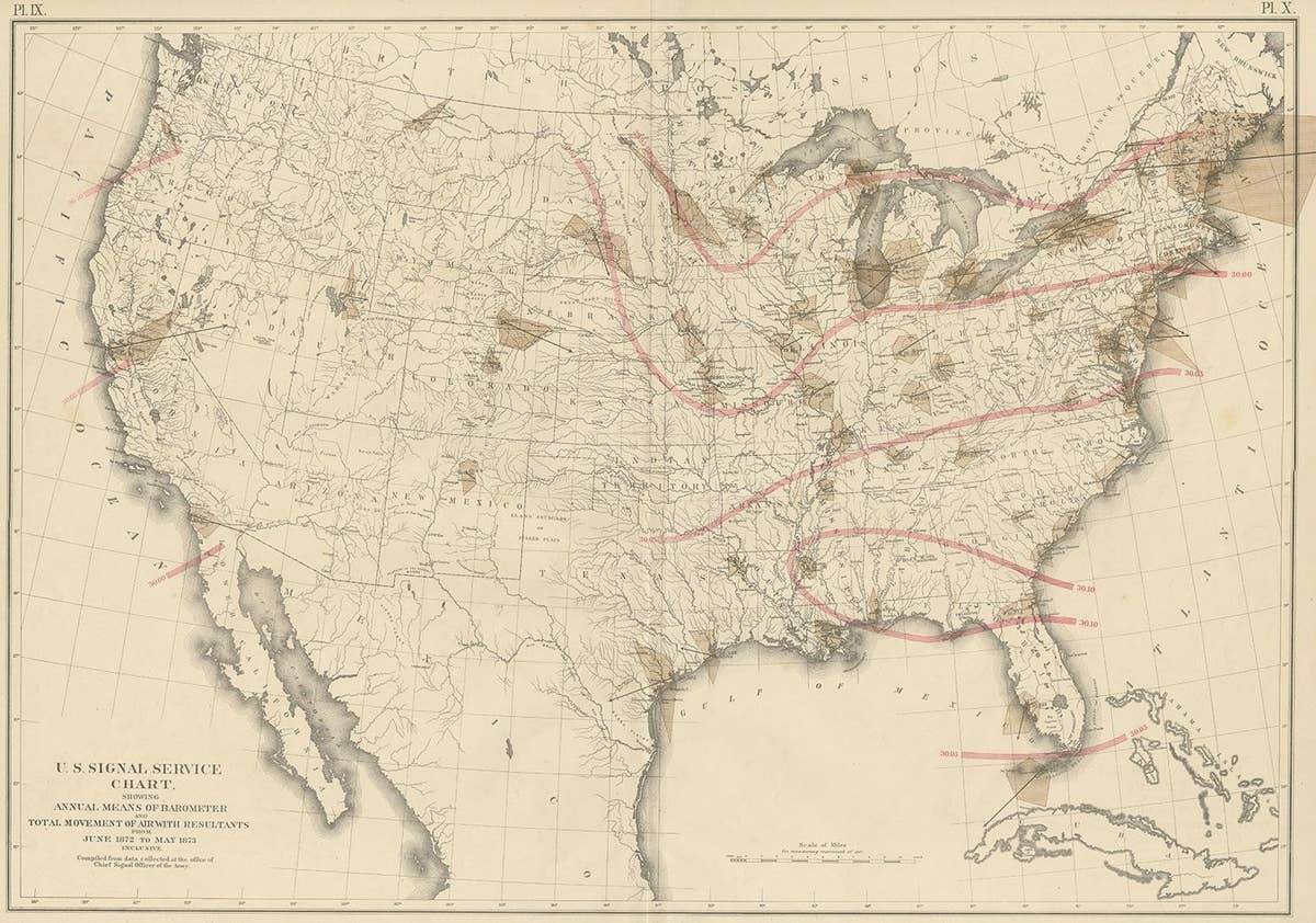Pl. 9 Antique Map of the Air Movement of the United States by Walker '1874'