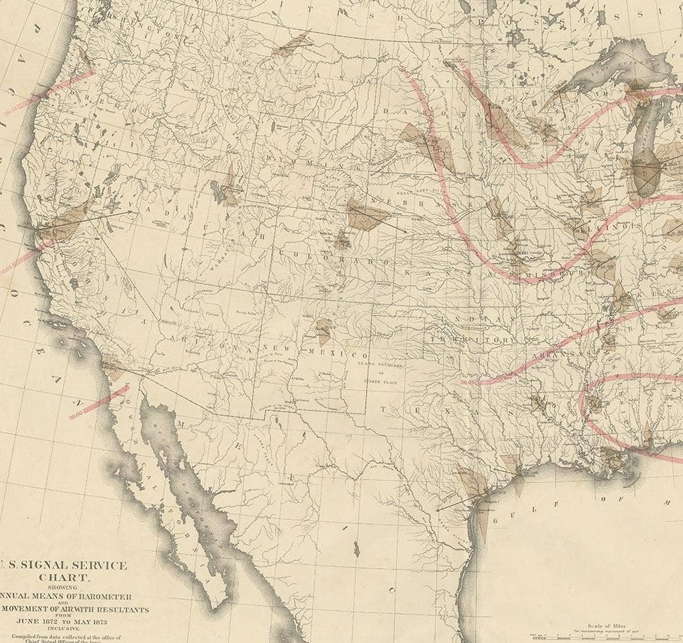Pl. 9 Antique Map of the Air Movement of the United States by Walker '1874'