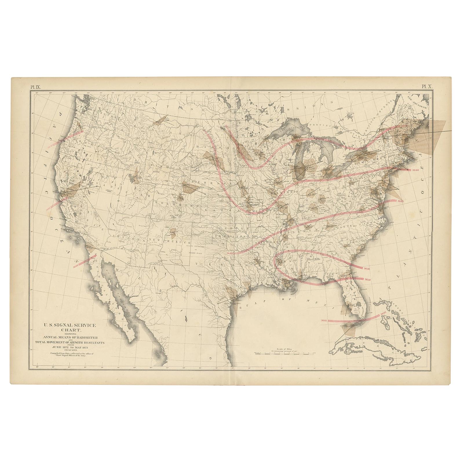 Pl. 9 Antique Map of the Air Movement of the United States by Walker '1874' For Sale