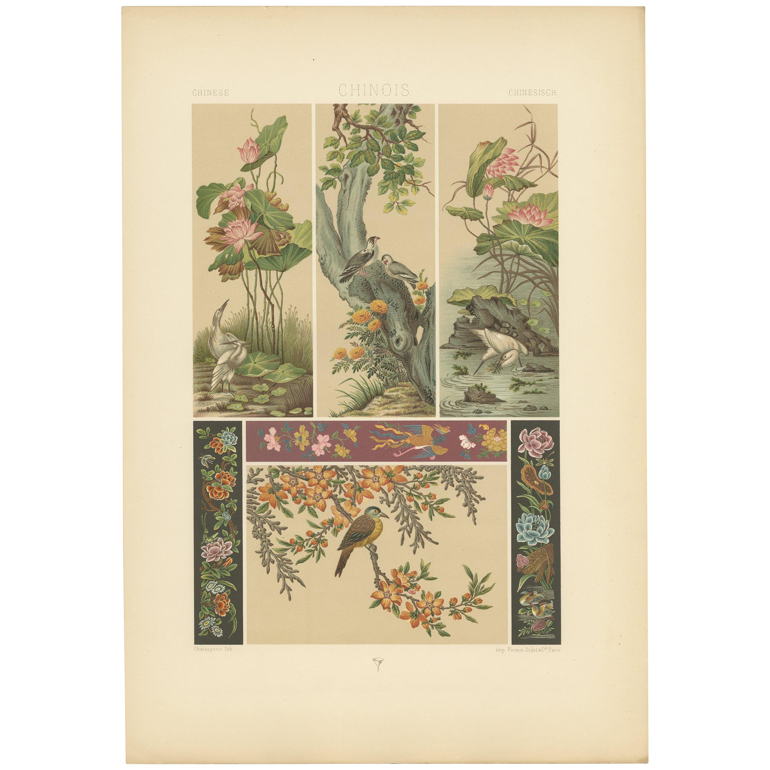 Pl. 9 Antique Print of Chinese Paintings, Embroideries by Racinet, 'circa 1890'