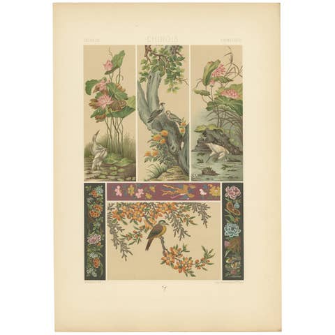 Pl. 9 Antique Print of Chinese Paintings, Embroideries by Racinet, 'circa 1890'