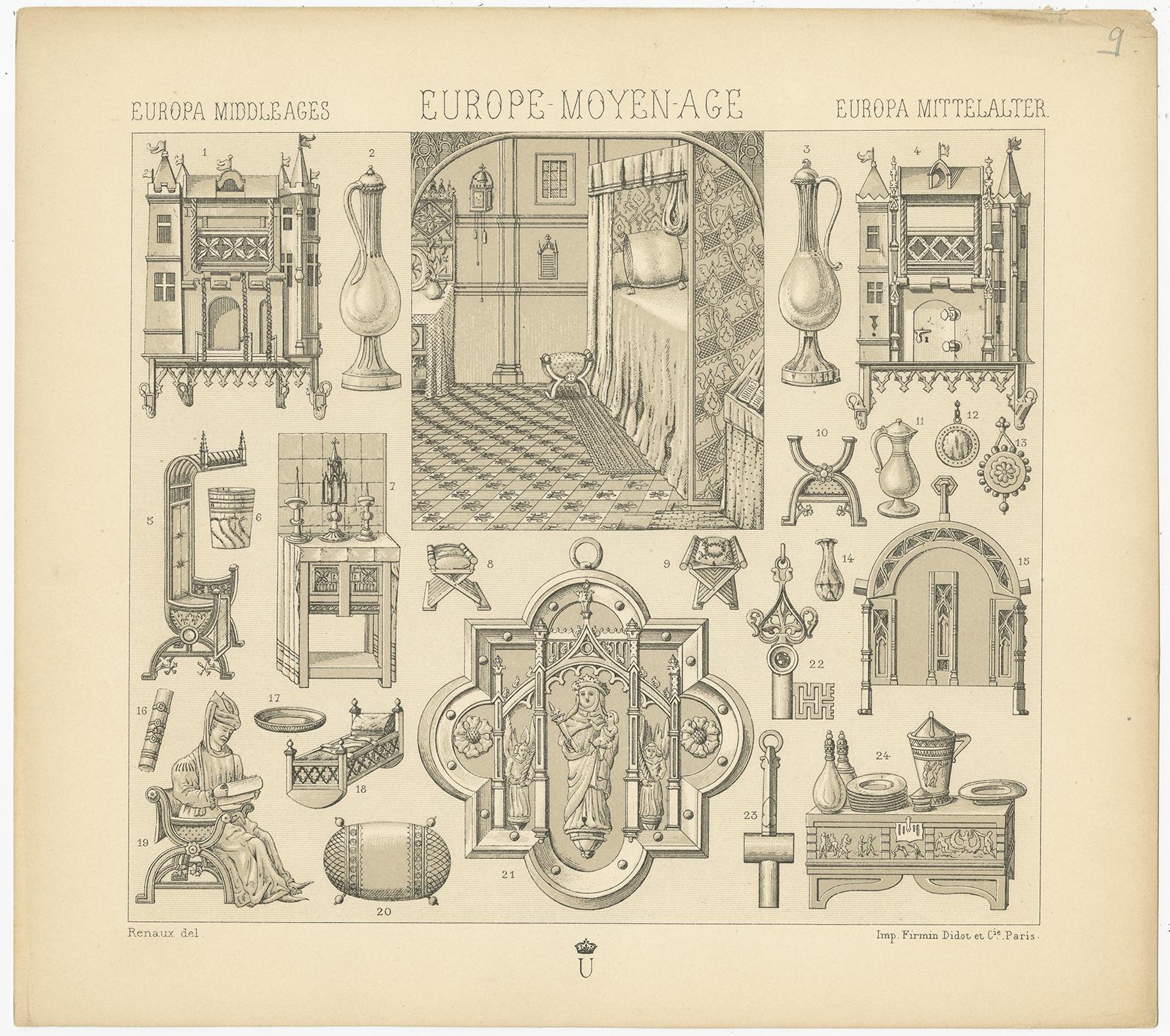 Antique print titled 'Europa Middle Ages - Europe Moyen Age - Europa Mittelalter'. Chromolithograph of European Decorative Objects. This print originates from 'Le Costume Historique' by M.A. Racinet. Published, circa 1880.