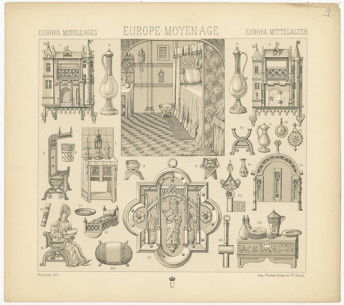 Pl 9 Antique Print of European Decorative Objects by Racinet, 'circa 1880'