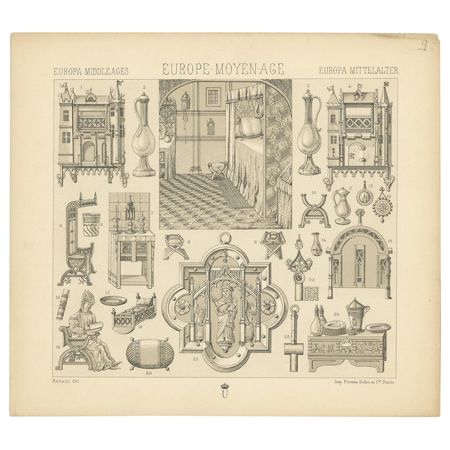 Pl 9 Antique Print of European Decorative Objects by Racinet, 'circa 1880' For Sale