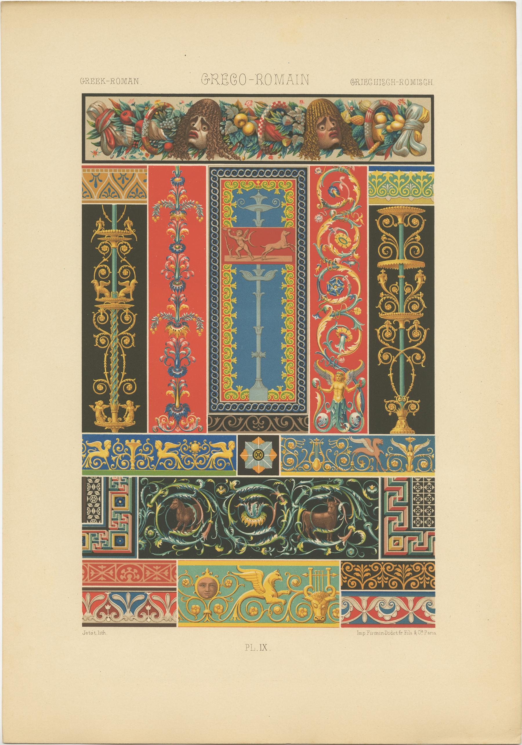 Antique print titled 'Greek, Roman - Greco, Romain - Greighisch, Romisch'. Chromolithograph of Greek - Roman ornaments and decorative arts. This print originates from 'l'Ornement Polychrome' by Auguste Racinet. Published, circa 1890.