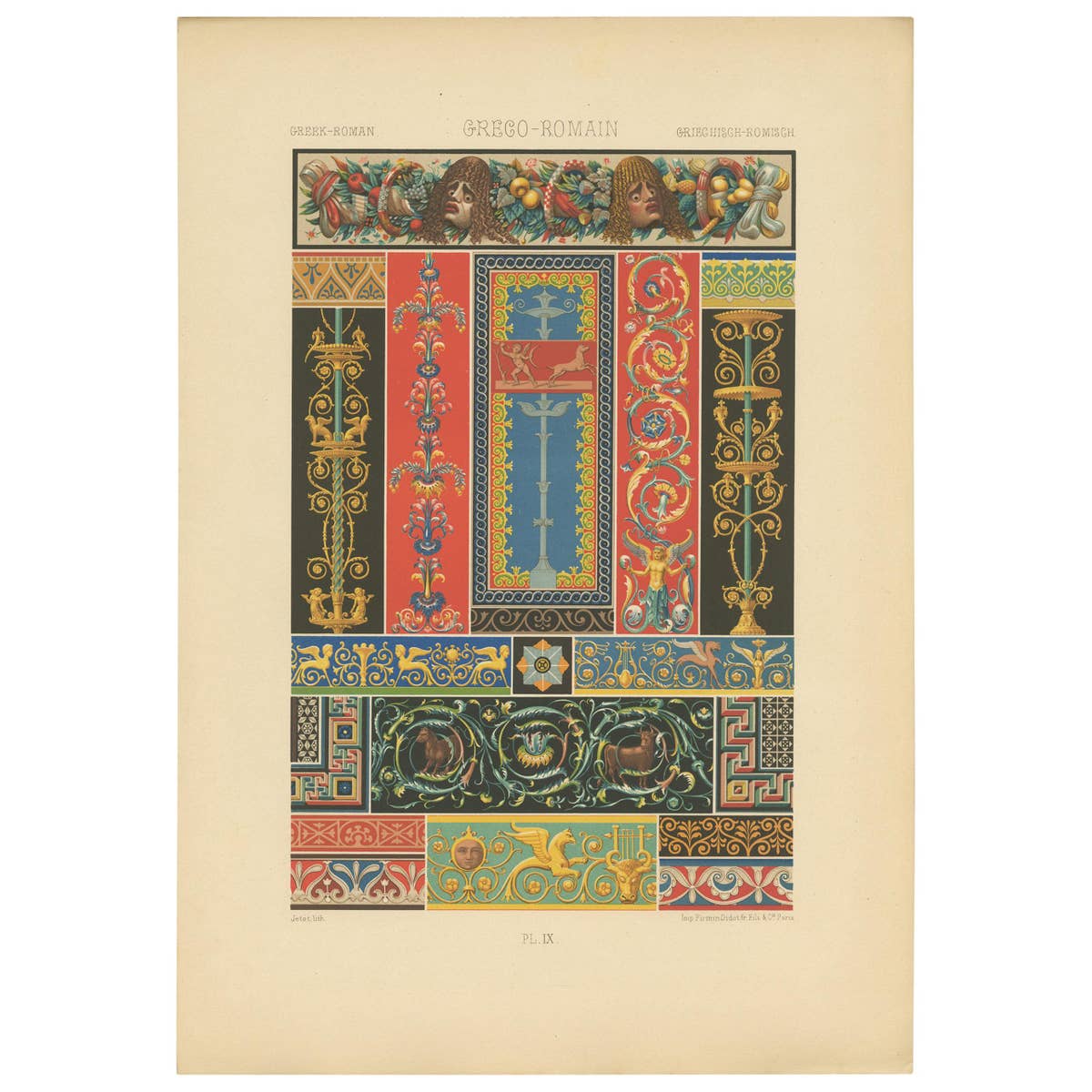 Pl. 9 Antique Print of Greek-Roman Ornaments by Racinet, circa 1890