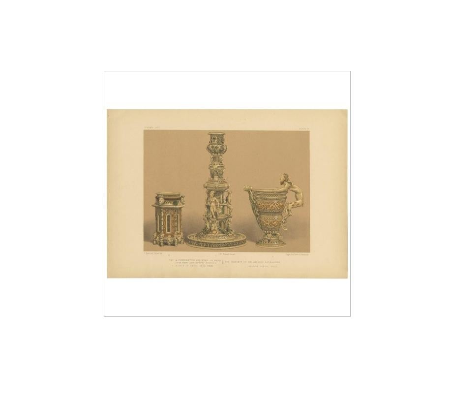 Antique print titled ‘Henri deux ware’. Lithograph of Henri Deux Ware. This print originates from ‘Examples of Pottery and Porcelain selected from the Royal and other Collections’. Edited by J.B. Waring. Chromo-lithographed by F. Bedford. Drawings