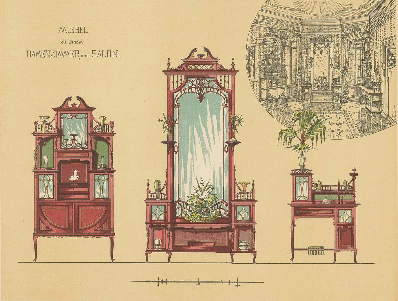 Antique print titled 'Moebel zu einem Damenzimmer und Salon'. Lithograph of ladies room and salon furniture. This print originates from 'Det Moderna Hemmet' by Johannes Kramer. Published by Ferdinand Hey'l, circa 1910.