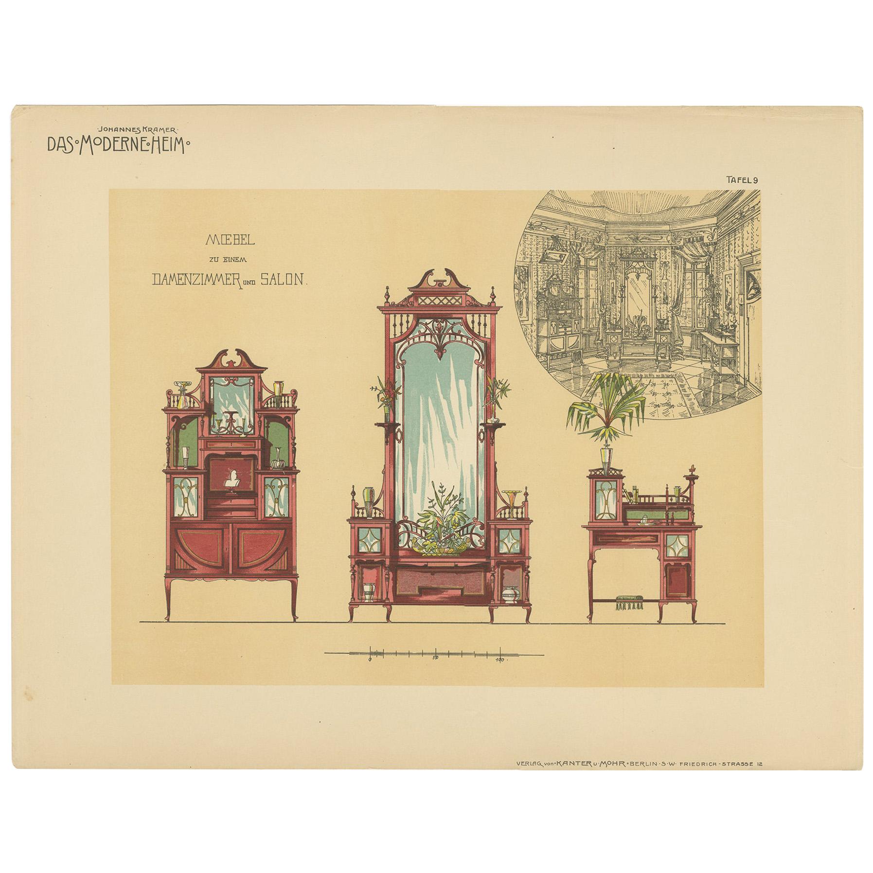 Pl. 9 Antique Print of Ladies Room and Salon Furniture by Kramer, circa 1910 For Sale