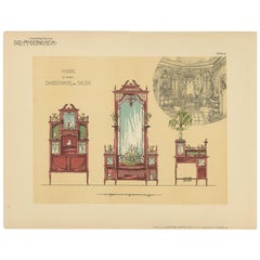 Pl. 9 Grabado antiguo de muebles de salón y tocador de señoras de Kramer, hacia 1910