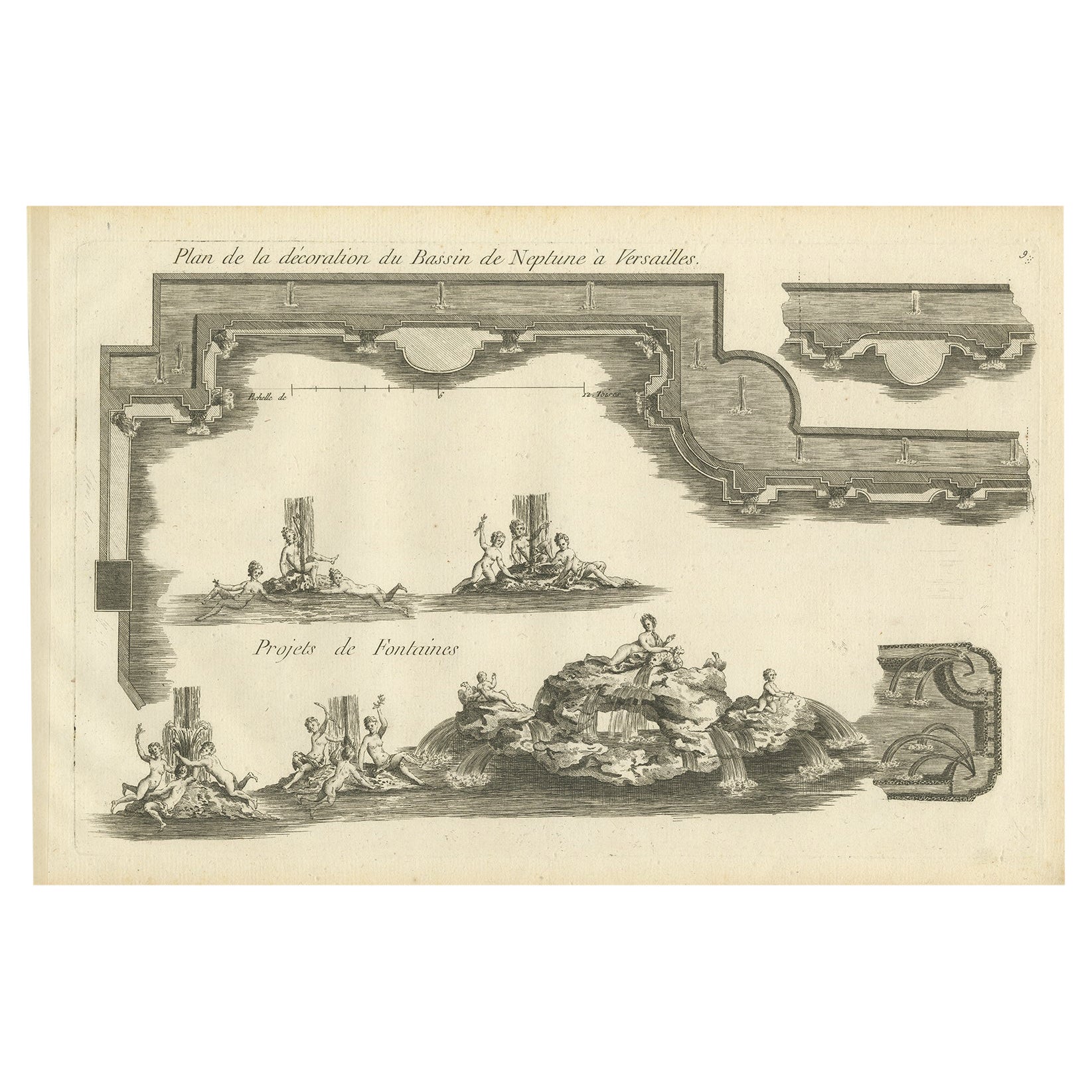 Pl. 9 Antiker Druck des Neptunbrunnens von Versailles von Le Rouge, um 1785