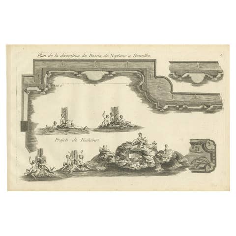 Pl. 9 Antique Print of the Neptune Fountain of Versailles by Le Rouge, c.1785