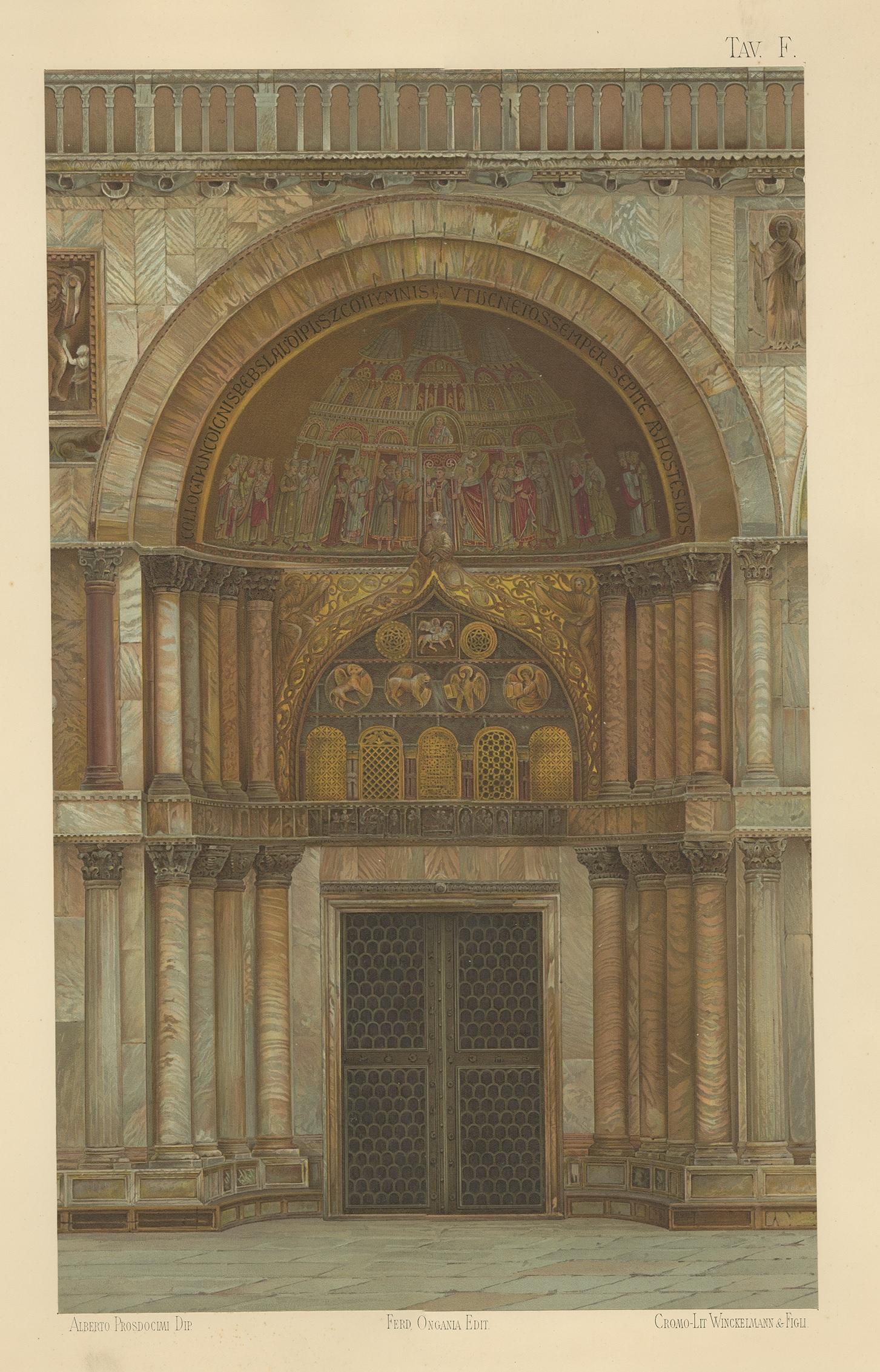 Large chromolithograph of the main portal of the Basilica of San Marco, Venice, Italy. This print originates from 'Basilica di San Marco in Venezia' by Ferdinando Ongania. Published 1881.