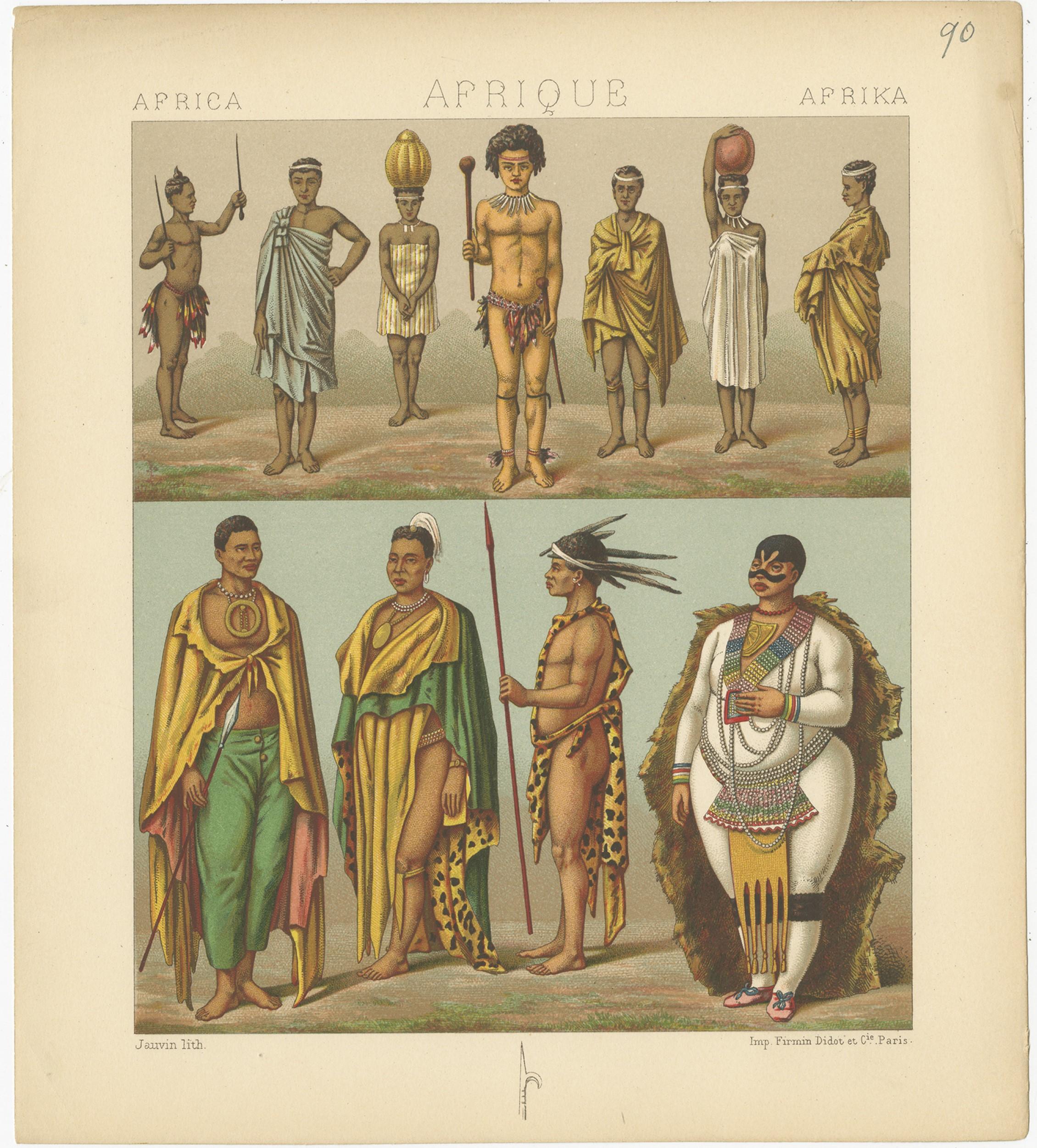 Antique print titled 'Africa - Afrique - Afrika'. Chromolithograph of African Costumes. This print originates from 'Le Costume Historique' by M.A. Racinet. Published, circa 1880.