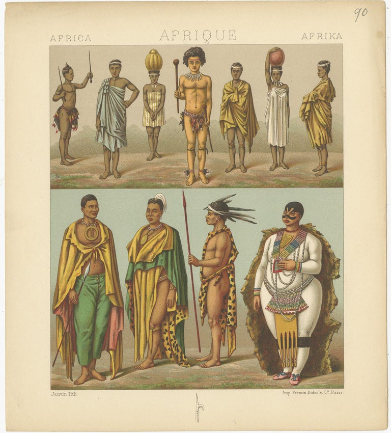 Antique Print of African Costumes Racinet, 'circa 1880' For Sale