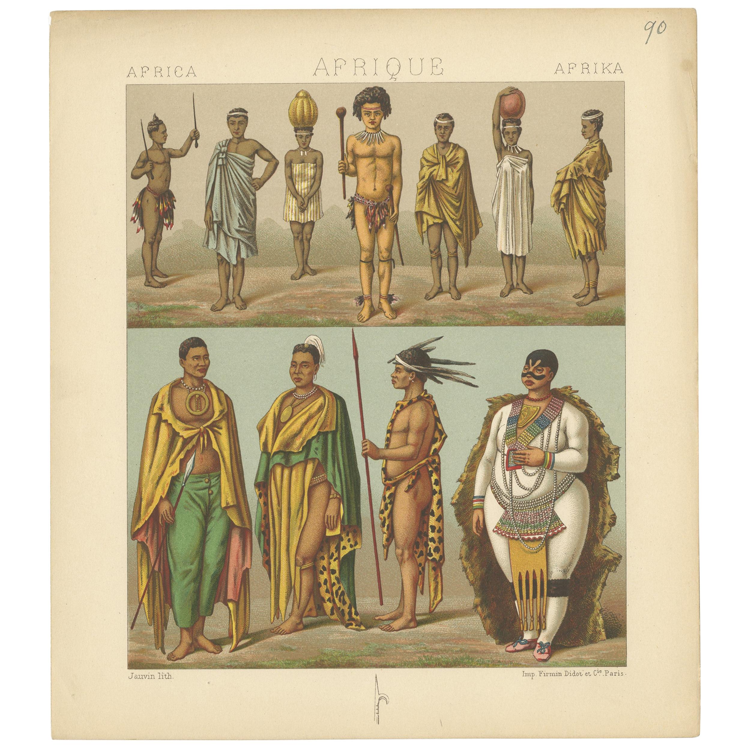 Stampa antica di costumi africani Racinet, 'circa 1880