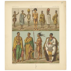 Stampa antica di costumi africani Racinet, 'circa 1880