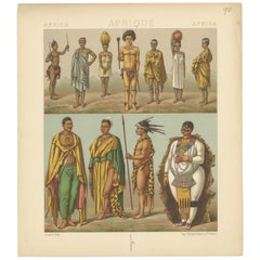 Gravure ancienne de costumes africains Racinet, 'circa 1880'