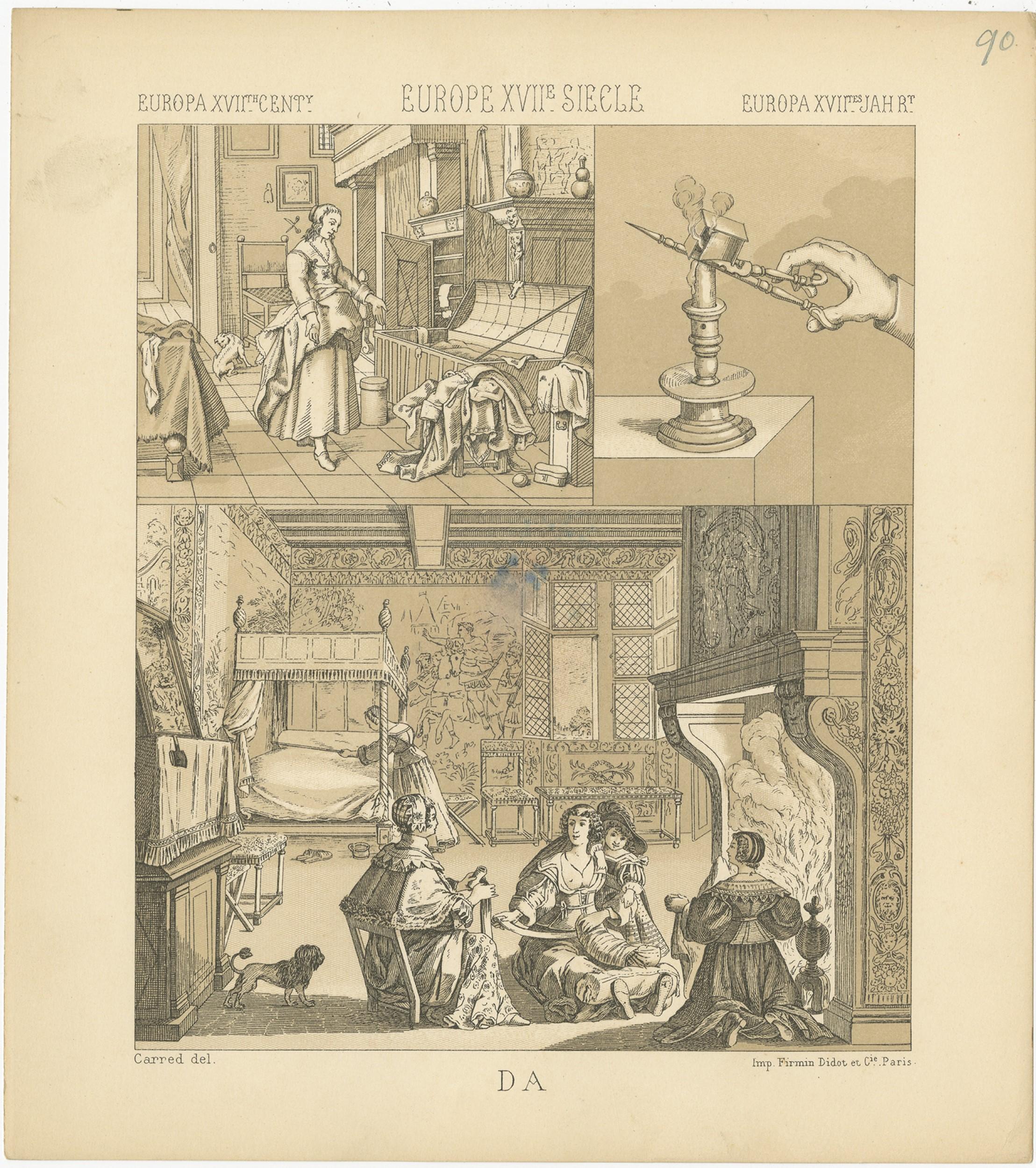 19th Century Pl. 90 Antique Print of European XVIIth Century Scenes by Racinet, circa 1880 For Sale