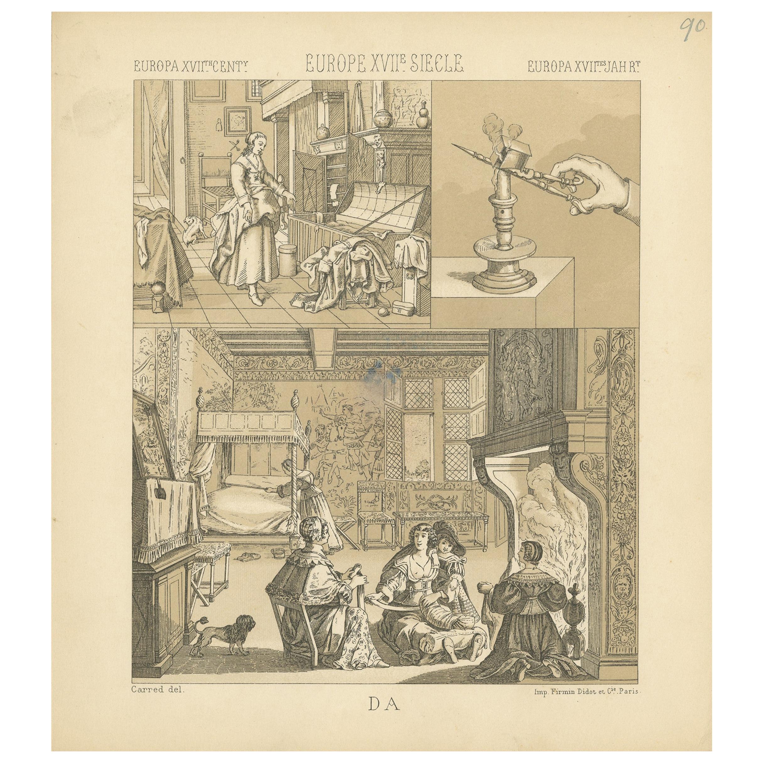 Pl. 90 Antique Print of European XVIIth Century Scenes by Racinet, circa 1880 For Sale