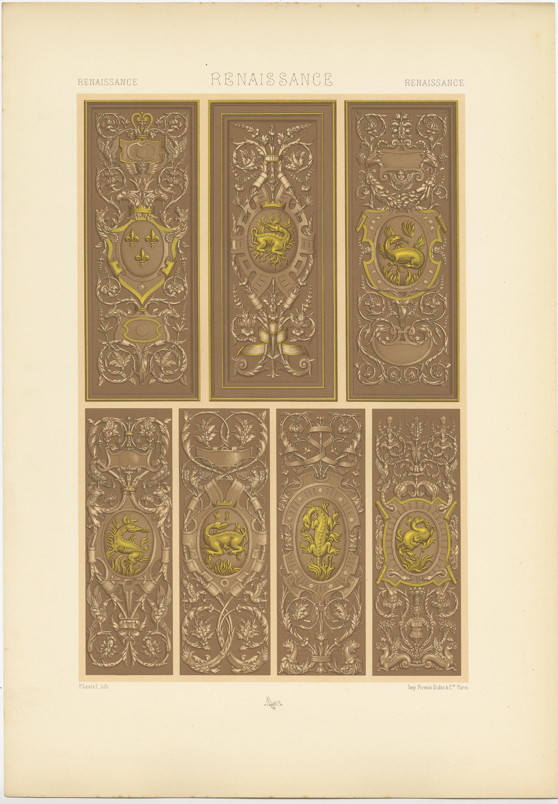 XIXe siècle Pl. 90 Impression ancienne de panneaux de la Renaissance du palais, Racinet, vers 1890 en vente