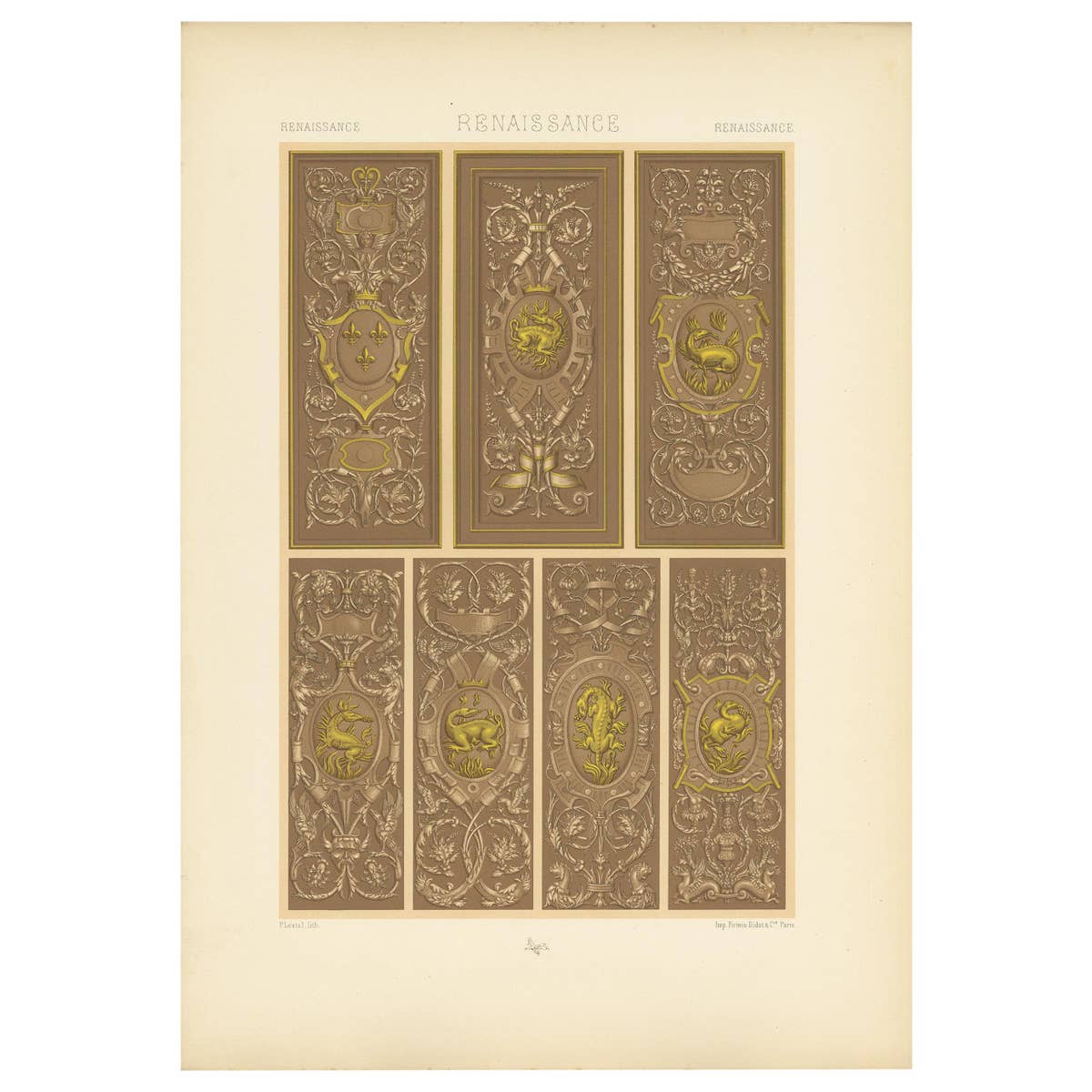Pl. 90 Antique Print of Renaissance Panels from the Palace, Racinet 'circa 1890'