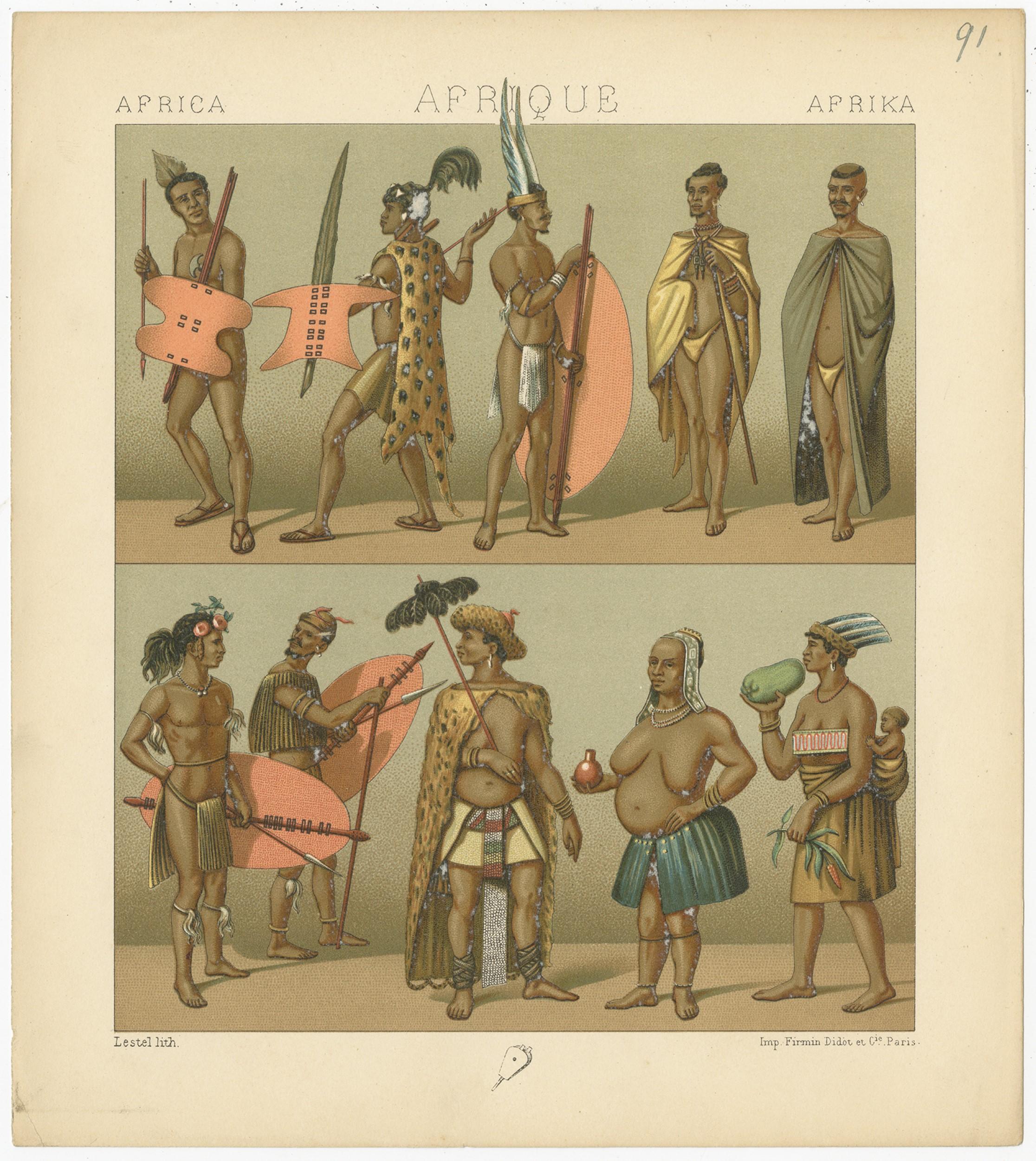 Antique print titled 'Africa - Afrique - Afrika'. Chromolithograph of African clothes. This print originates from 'Le Costume Historique' by M.A. Racinet. Published, circa 1880.