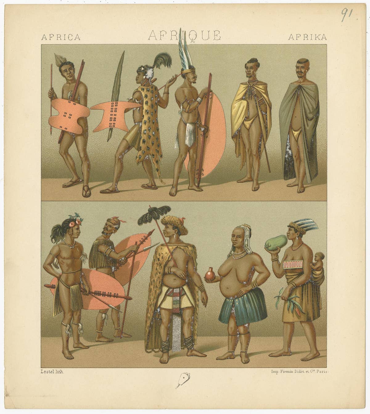 Pl. 91 Antique Print of African Clothes Racinet, 'circa 1880'