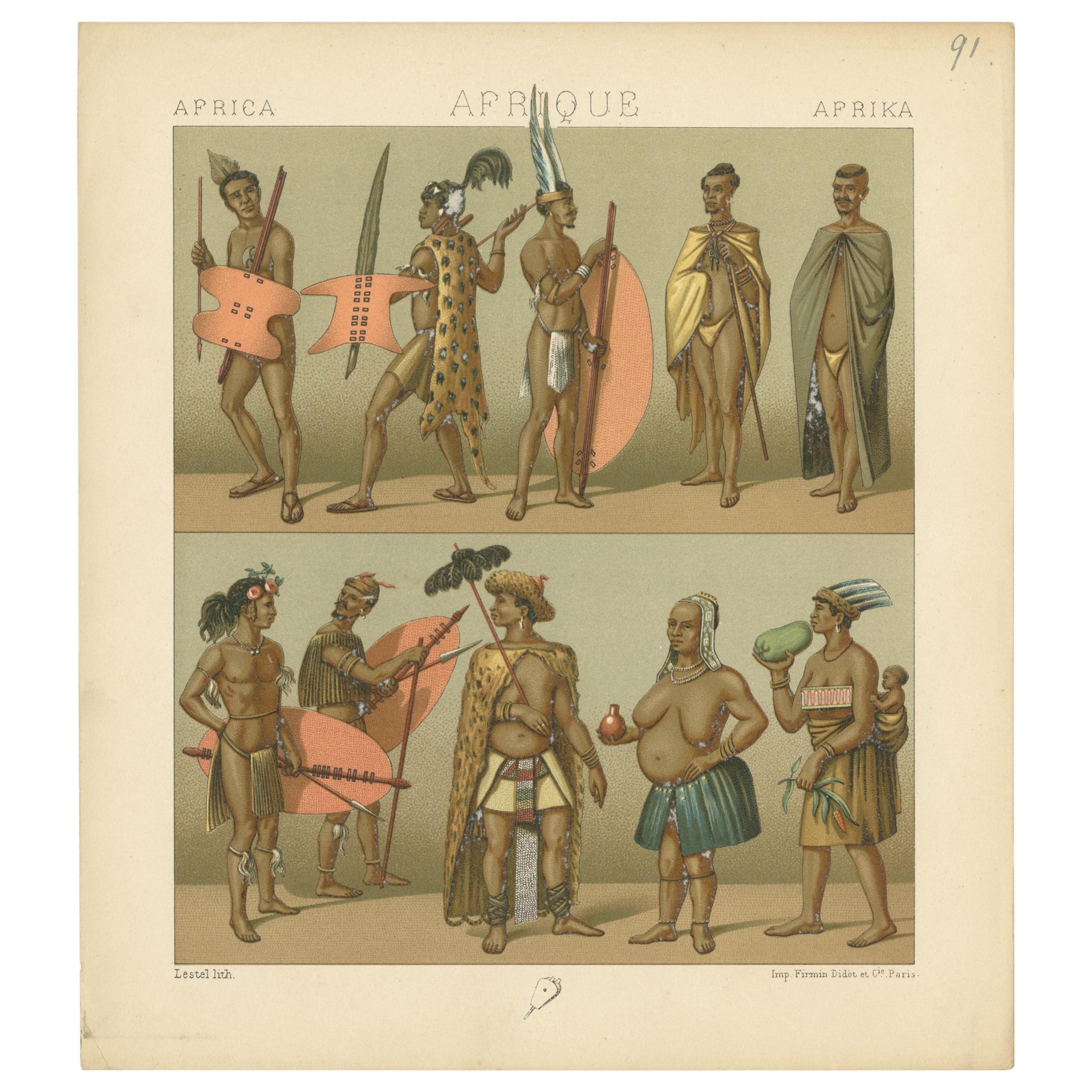 Pl. 91 Estampa antigua de ropa africana Racinet, "circa 1880