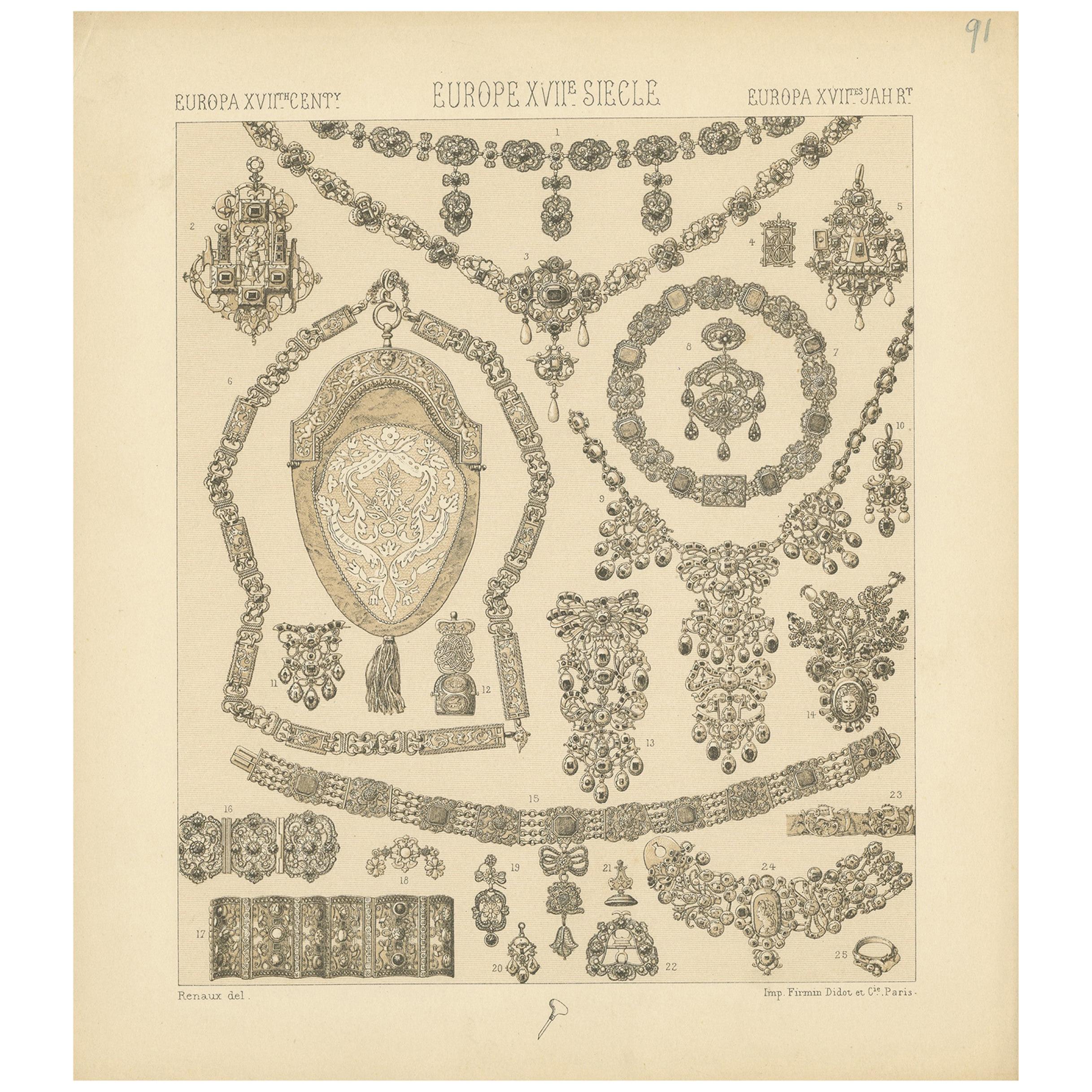 Pl. 91 Antique Print of European 17th Century Jewelry by Racinet, circa 1880 For Sale