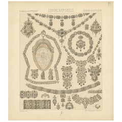 Pl. 91 Antique Print of European 17th Century Jewelry by Racinet, circa 1880