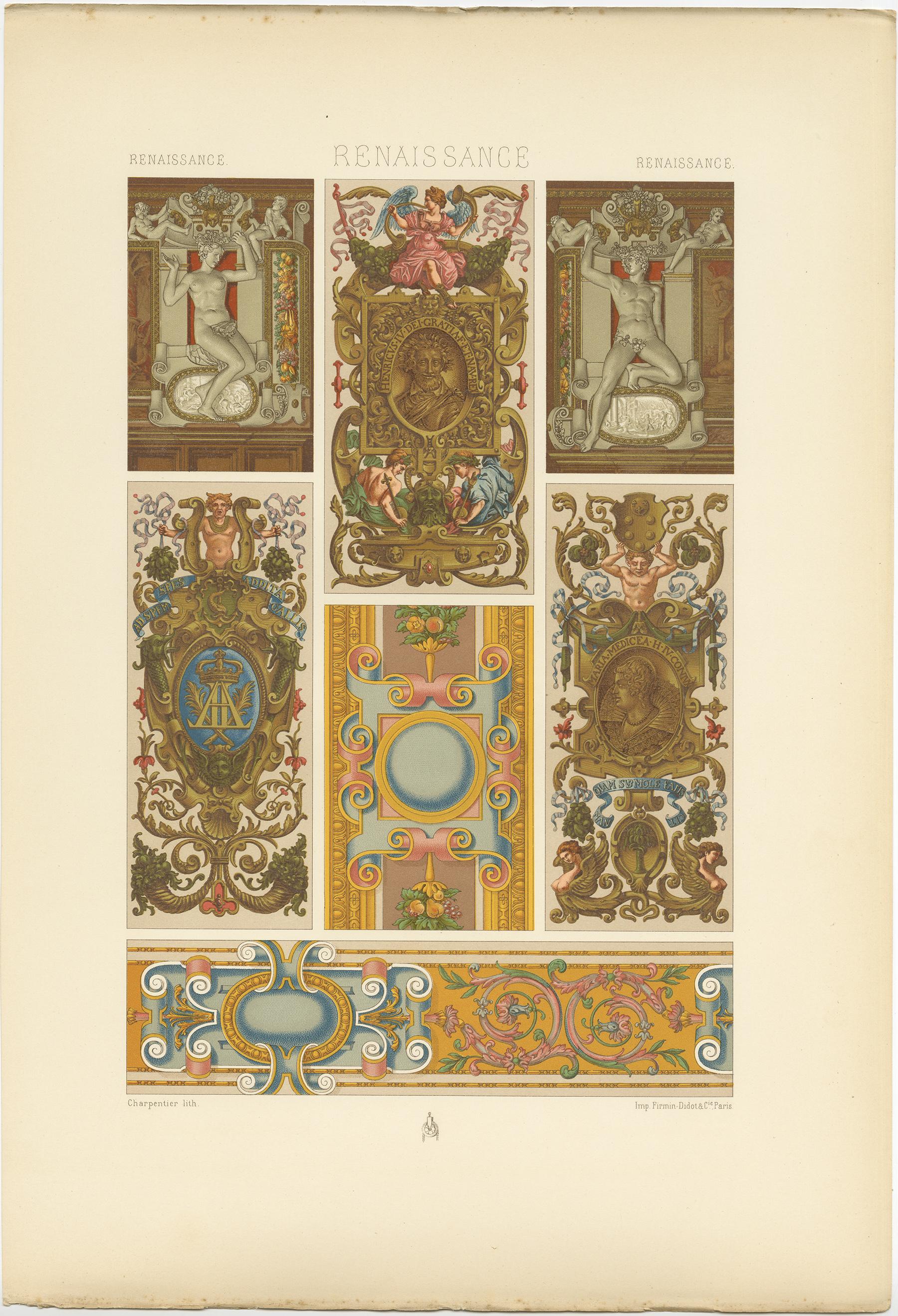 Antique print titled 'Renaissance - Renaissance - Renaissance'. Chromolithograph of 16th and 17th centuries cartouches from sculpture, painting and textiles, France ornaments. This print originates from 'l'Ornement Polychrome' by Auguste Racinet.