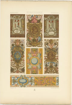 Pl. 91 Antique Print of Renaissance Cartouches Sculpture by Racinet 'circa 1890'