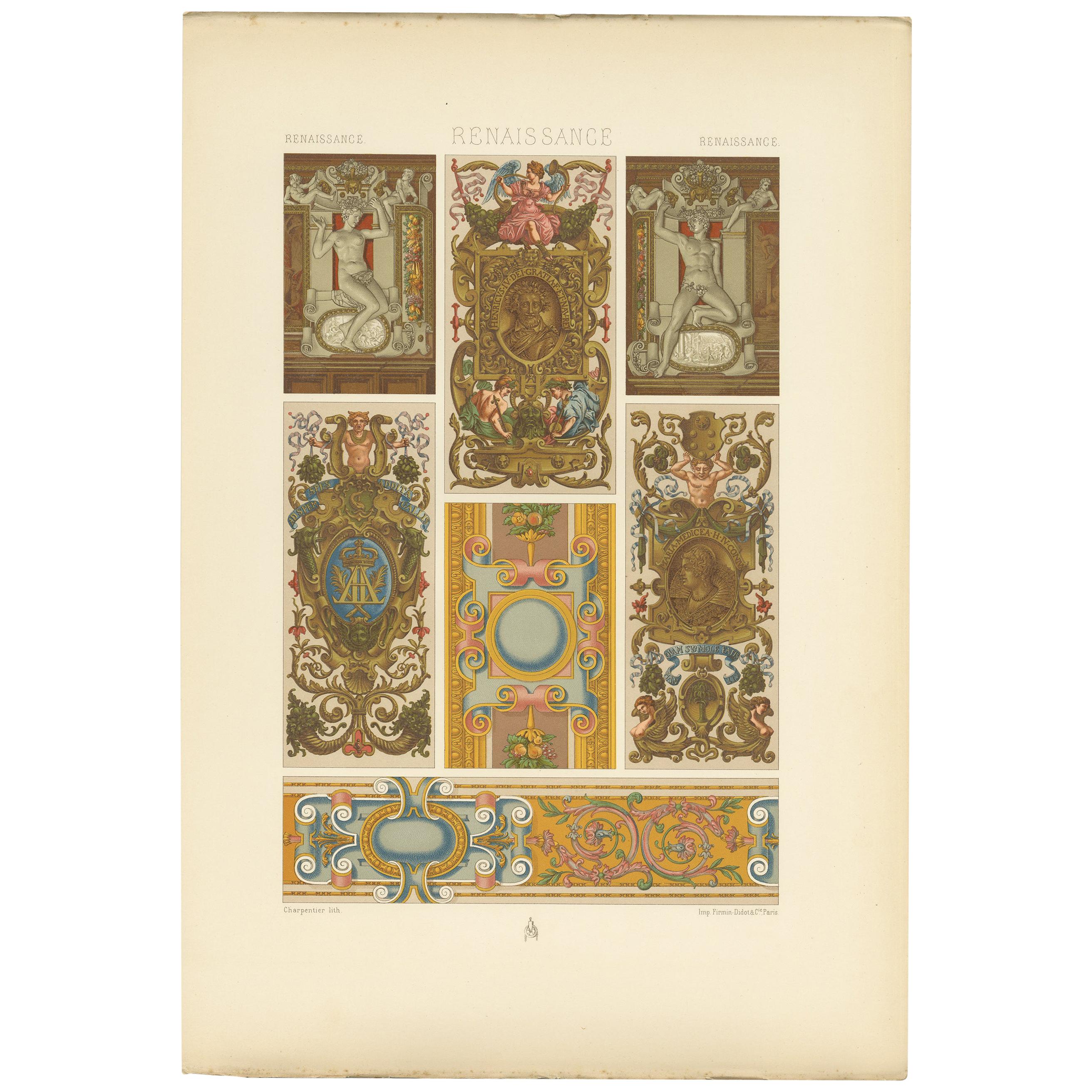 Pl. 91 Antique Print of Renaissance Cartouches Sculpture by Racinet 'circa 1890' For Sale