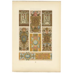 Pl. 91 Antiker Druck einer Renaissance-Kartuschen-Skulptur von Racinet, um 1890