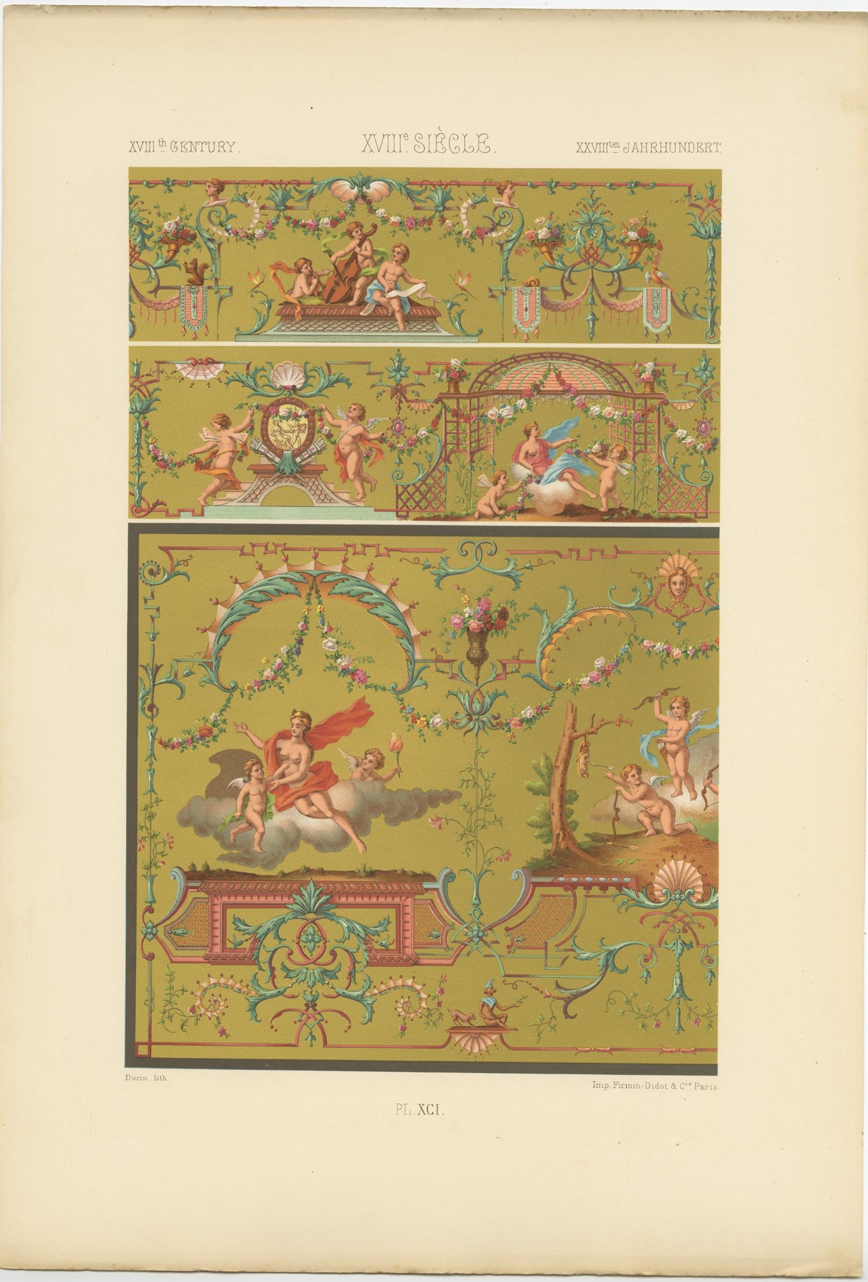 XIX secolo Pl. 91 Stampa antica di ornamenti del XVIII secolo di Racinet, circa 1890 in vendita