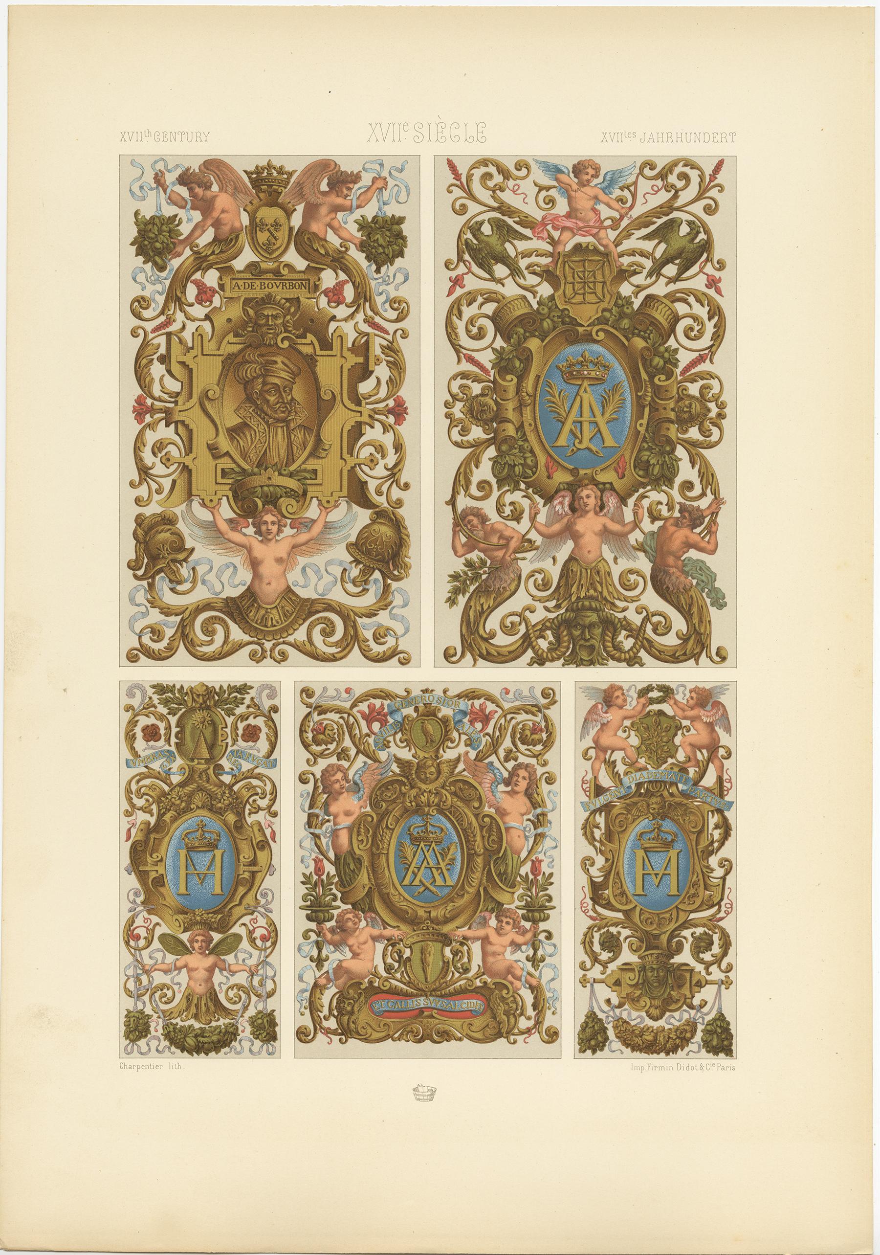 Antique print titled '17th Century - XVIIc Siècle - XVIILes Jahrhundert'. Chromolithograph of decorative paintings from the palace Fontainebleau ornaments. This print originates from 'l'Ornement Polychrome' by Auguste Racinet. Published circa 1890.