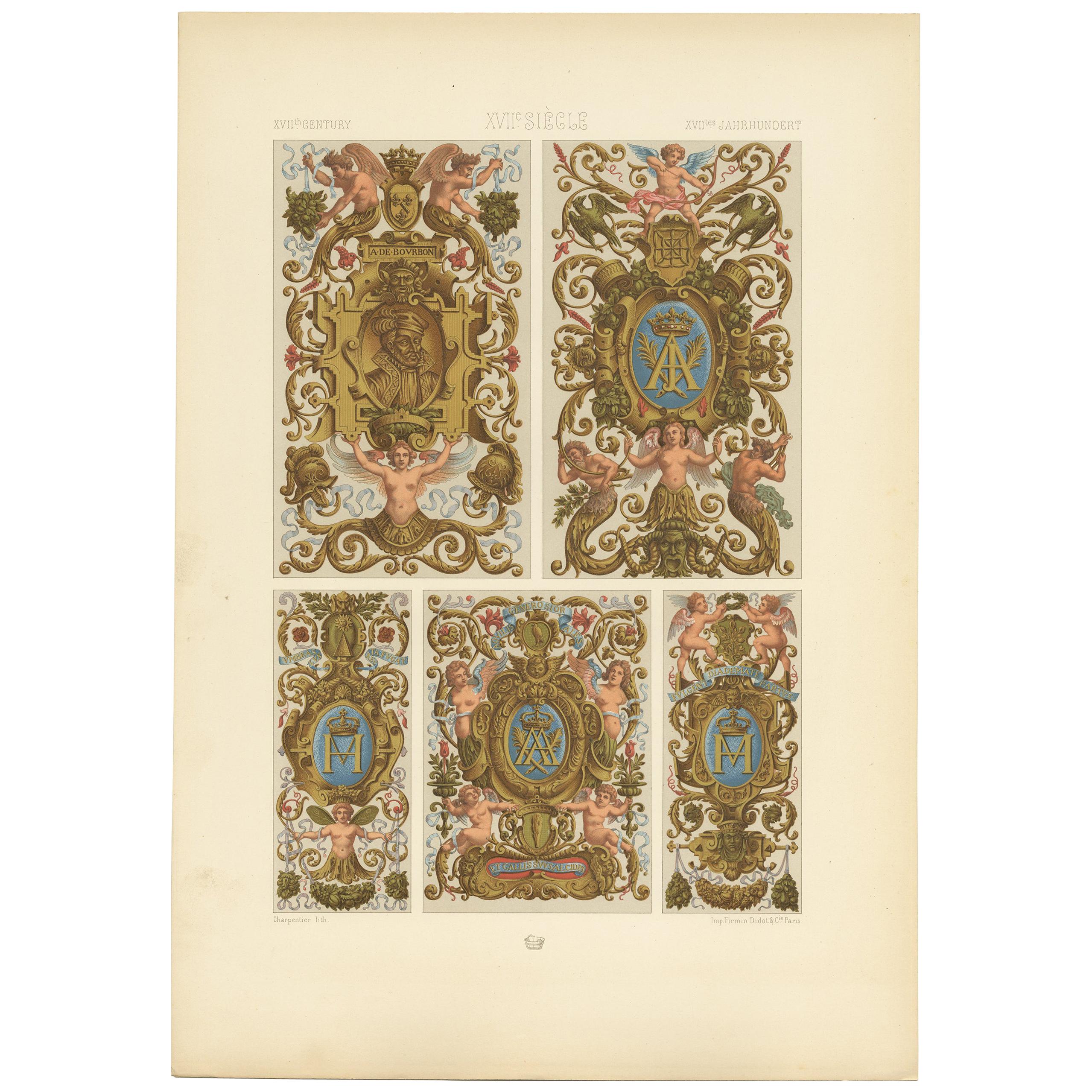 Pl. 92 Antique Print of 17th Century Decorative Paintings by Racinet, circa 1890 For Sale