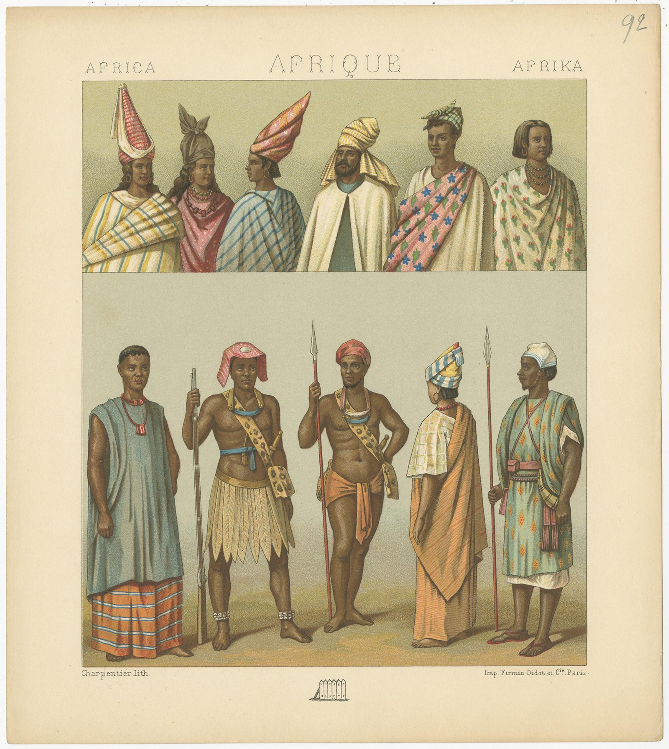 Antique print titled 'Africa - Afrique - Afrika'. Chromolithograph of African costumes. This print originates from 'Le Costume Historique' by M.A. Racinet. Published, circa 1880.